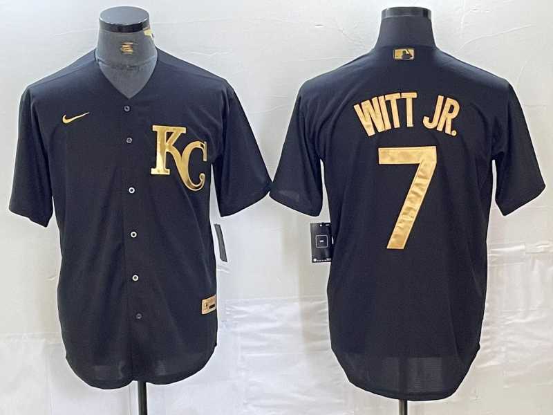 Mens Kansas City Royals #7 Bobby Witt Jr Black Gold Cool Base Stitched Jersey
